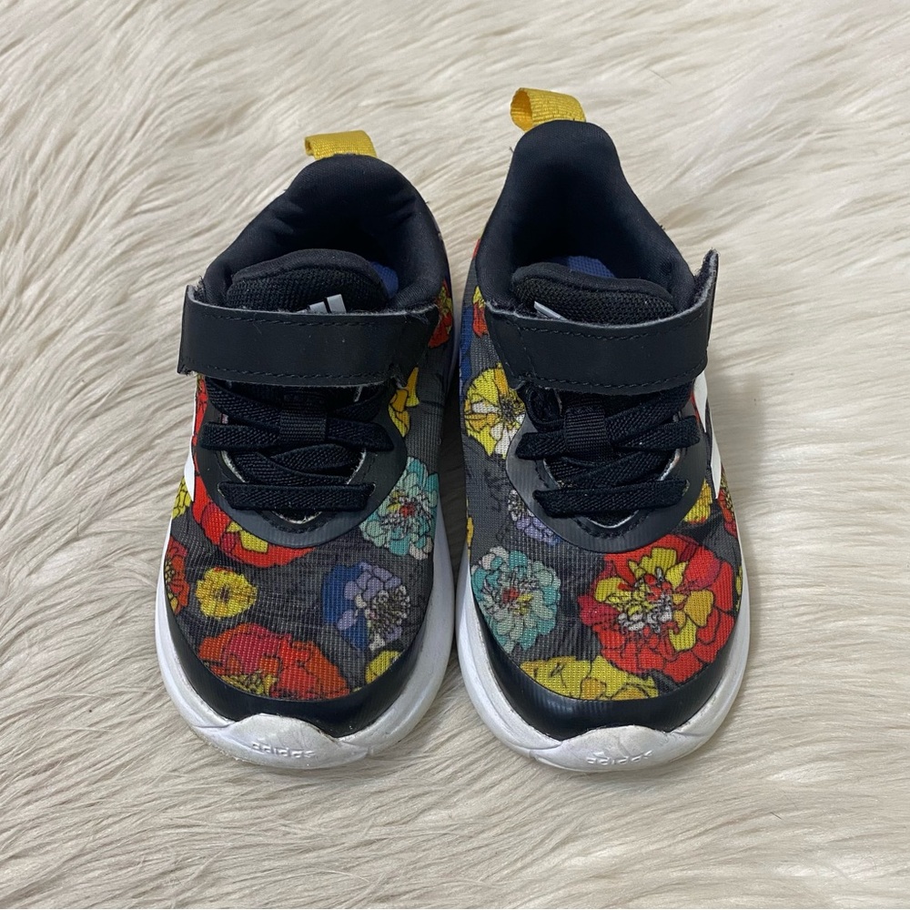 Adidas Infant Girl Baby Black Floral FortaRun Velcro Strap Running Shoes Sneaker - Picture 3 of 10